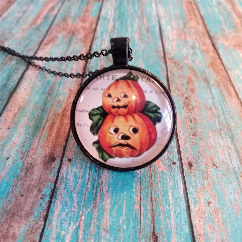 Vintage Inspired Halloween Pendant Necklace: Anthropomorphic Pumpkin Jewelry